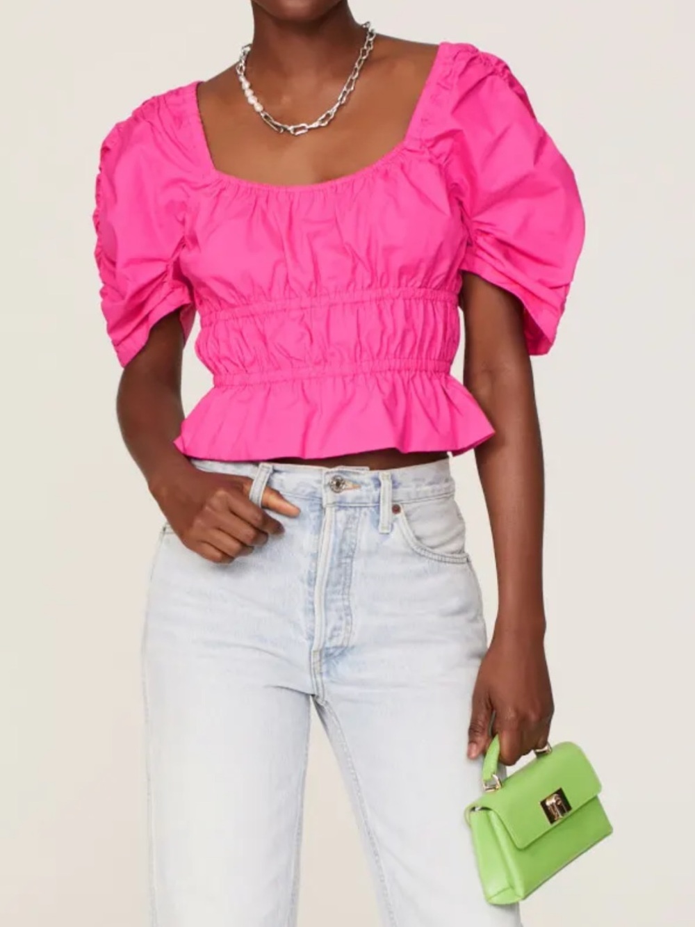 Derek lam 10 Crosby pink elastic cotton poplin smocked puff sleeve crop top